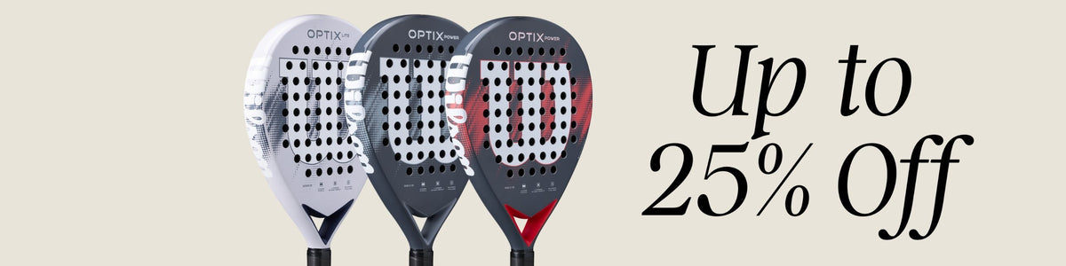 two padel racquets pictured with "up to 25% Off" text