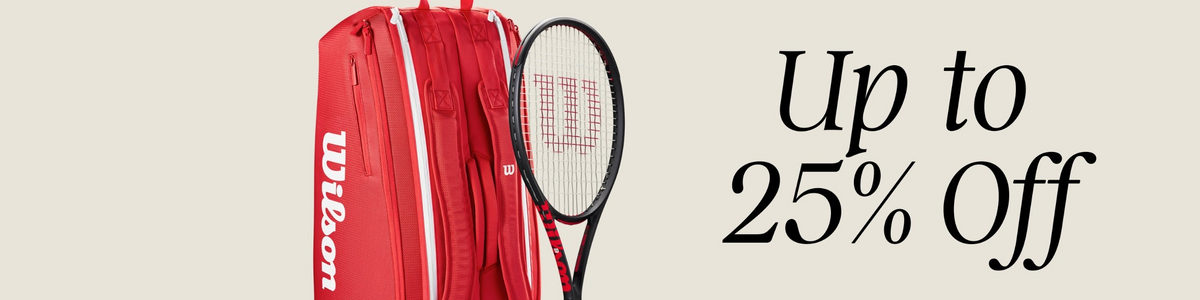 tennis racket and tennis bag with 25% off message displayed