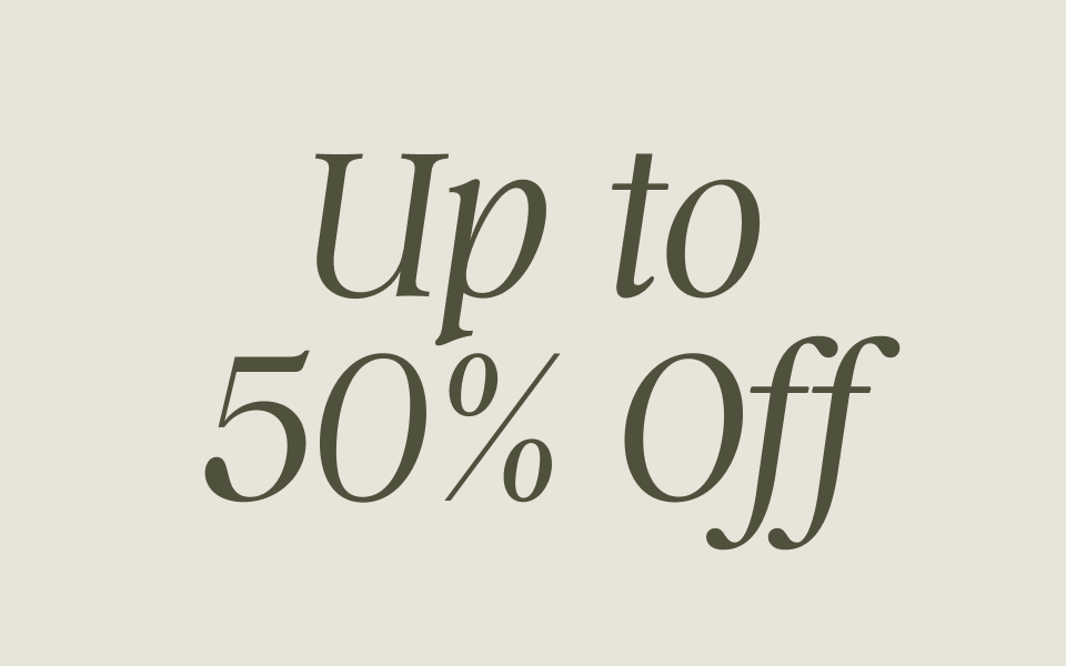 beige banner with "up to 50% Off" text