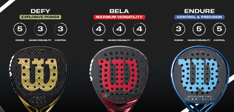 Wilson paddle tennis racket range: Bela, Defy, and Endure, adapted to each player and style