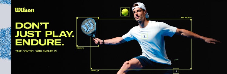 Padel player is about to hit the ball with his Wilson Endure racket. The image features the text Don't just play. Endure