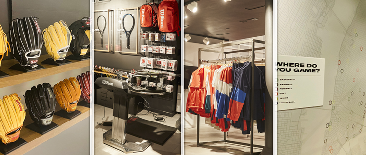 Montage of four photos of sporting goods and apparel in the NYC store.