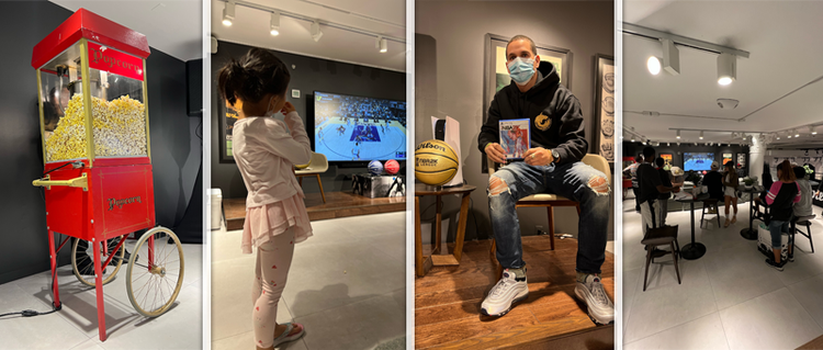 Montage of four photos showing the upstairs of the NYC store
