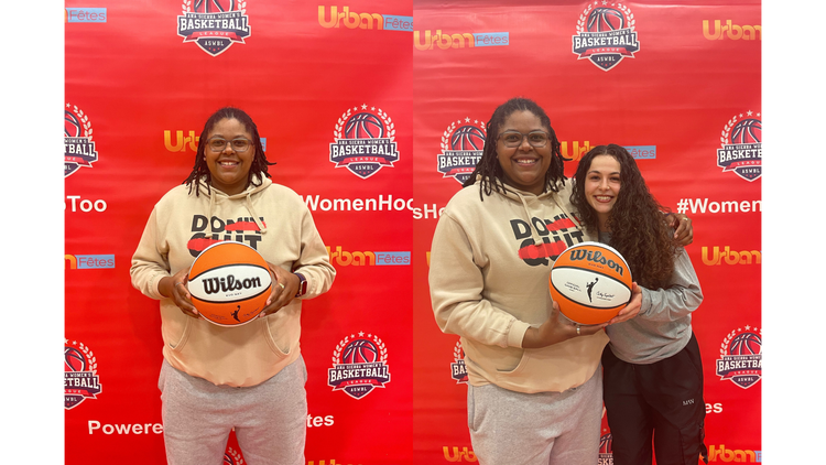 Team Elite’s Michelle Perry and Emma Van Donselaars smiling with the WNBA Official Game Ball