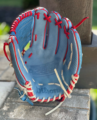 Photo of the palm of Kelsey Stewart's glove