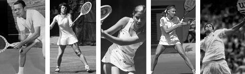 Five famous tennis players in black and white