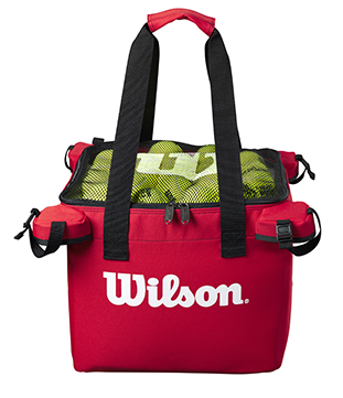 red coach's bag showing tennis balls and equipment