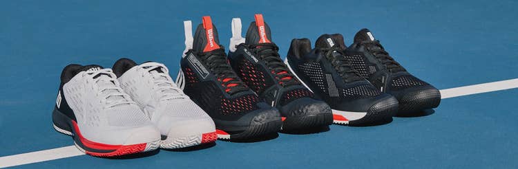 A line of rush pro shoes on a court