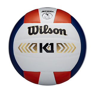 closeup of a red, white, and navy blue volleyball