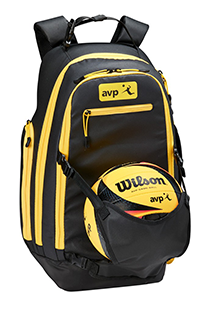 black and yellow backpack with a volleyball in the front