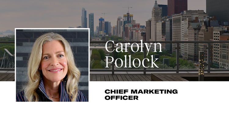 Photograph featuring a professional headshot of a woman with blonde hair, alongside text identifying her as Carolyn Pollock, Chief Marketing Officer. Background shows the Chicago city skyline .