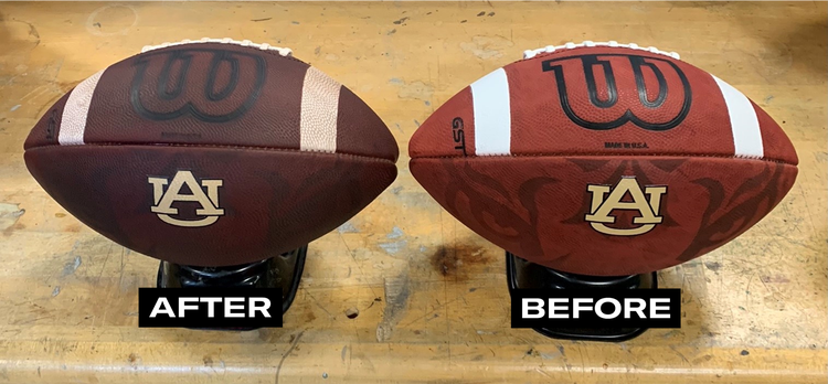 photo of two footballs, one new and one prepped with conditioner and mud