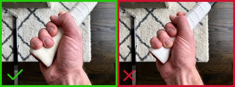 side-by-side photos of a hand gripping a racket both with and without space between the fingertips and palm