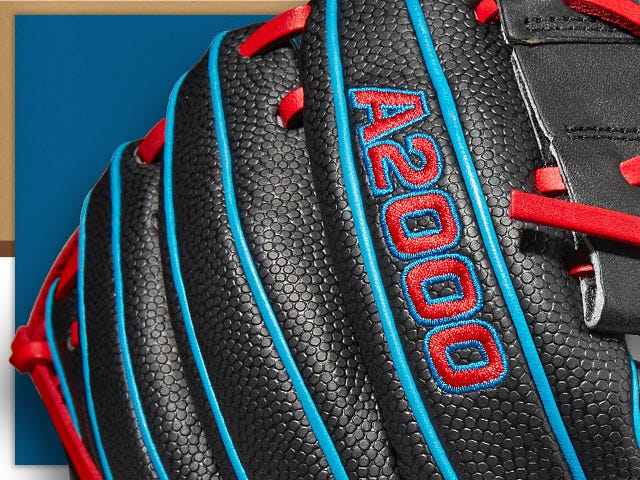 Black baseball glove with A2000 logo in blue and red stitching