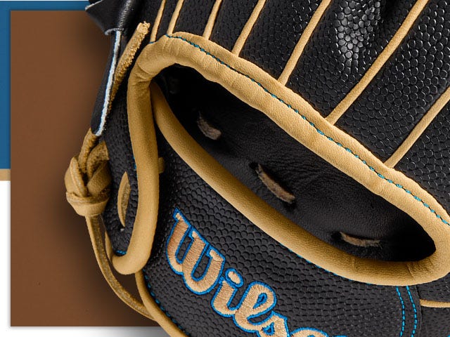 Black baseball glove with brown stitching details