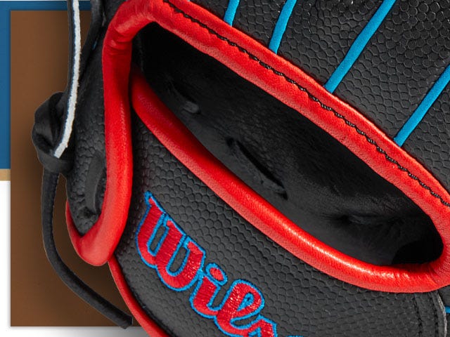 Black baseball glove with blue and red detailing