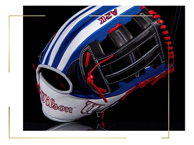 blue, white and red baseball glove