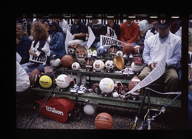 Wilson's friends (other sports equipment) in the bleachers to support him