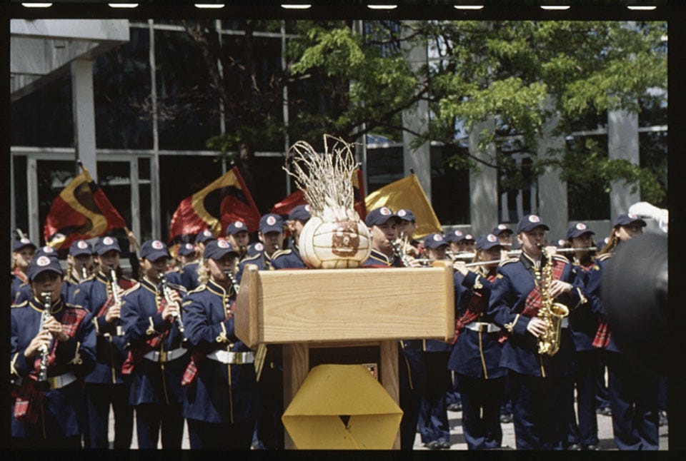 Wilson the Volleyball at a podium in front of a crowd