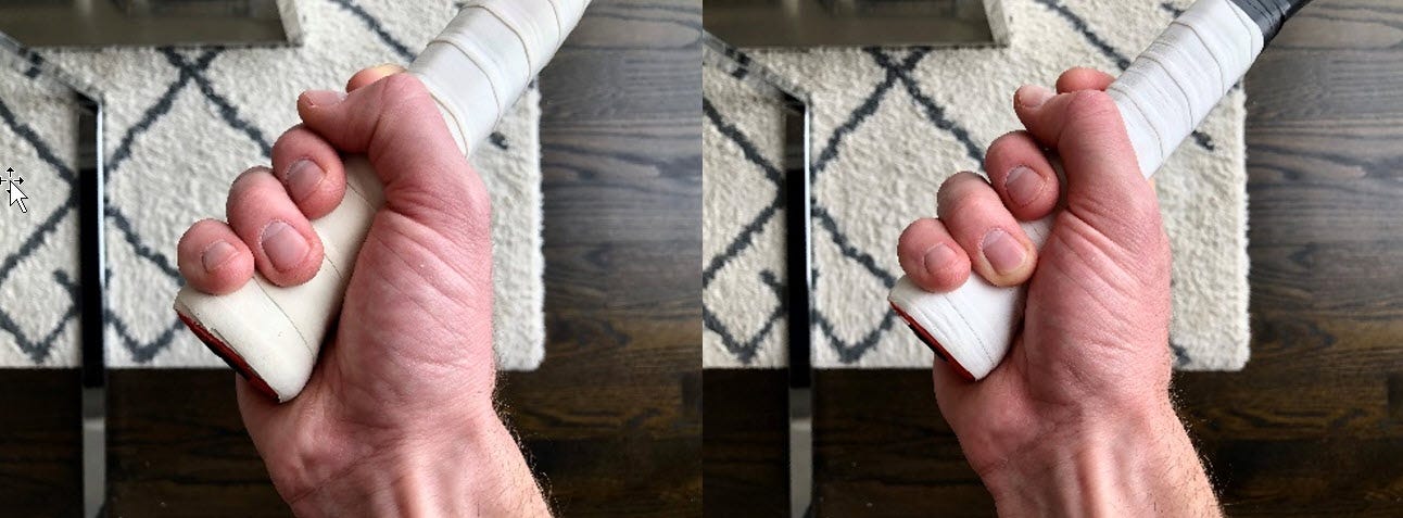 side-by-side photos of a hand gripping a racket both with and without space between the fingertips and palm 