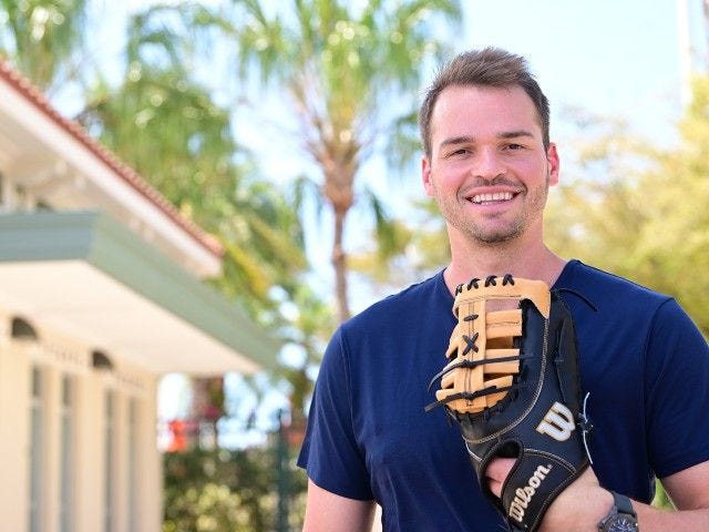 Trey Mancini with his A2000 F16HT First Base Mitt